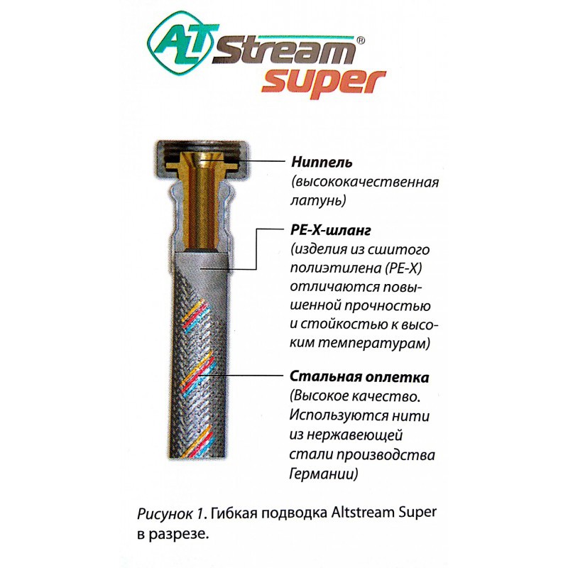 Гибкая подводка к смесителю PEX SUPER 1/2"хМ10 гайка-штуцер 18 мм (1,2 м) ALTSTREAM Гибкая подводка к смесителю PEX SUPER 1/2"хМ10 гайка-штуцер 18 мм (1,2 м) ALTSTREAM